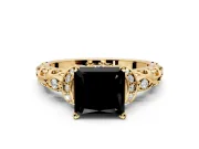 Solitaire Engagement Ring Setting for Fancy Black Princess Cut Center with Filigree Band and Prong Head in Yellow Gold