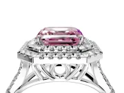 Double Halo Engagement Ring Setting for Fancy Pink Asscher Cut Center with Narrow Pave Split Shank and Prong Head in Platinum