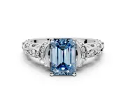 Solitaire Engagement Ring Setting for Fancy Blue Emerald Cut Center with Filigree Band and Prong Head in White Gold