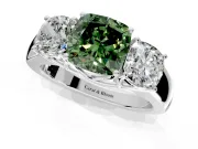 3 Stone Engagement Ring Setting for Fancy Green Cushion Cut Center with Raised Basket Heads and Prong Head in Sterling Silver