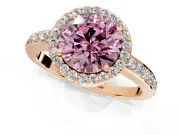 Halo Engagement Ring Setting for Fancy Pink Round Cut Center with Heart-Shaped Openwork, Pave Band and Prong Head in Rose Gold