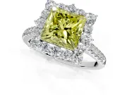 Halo Engagement Ring Setting for Fancy Yellow Princess Cut Center with Single-Row Pave, Open Basket and Prong Head in White Gold