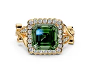 Halo Engagement Ring Setting for Fancy Green Asscher Cut Center with Leaf Motif Split Shank and Prong Head in Yellow Gold