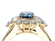 Halo Engagement Ring Setting for Fancy Blue Emerald Cut Center with Two-Strand Split Shank and Prong Head in Yellow Gold