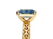 Solitaire Engagement Ring Setting for Fancy Blue Emerald Cut Center with Scrollwork Band and Prong Head in Yellow Gold