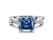 Crossover Engagement Ring Setting for Fancy Blue Asscher Cut Center with Pave and Plain Strands and Prong Head in Sterling Silver