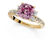 Paired Accent Engagement Ring Setting for Fancy Pink Cushion Cut Center with Pave Band and Prong Head in Yellow Gold