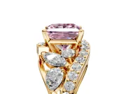 Halo Engagement Ring Setting for Fancy Pink Princess Cut Center with Marquise and Pave Bypass Band and Prong Head in Yellow Gold
