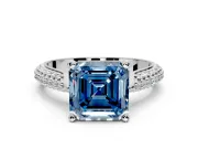 Solitaire Engagement Ring Setting for Fancy Blue Asscher Cut Center with Multi-Row Accents and Prong Head in White Gold