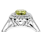Double Halo Engagement Ring Setting for Fancy Yellow Emerald Cut Center with Narrow Pave Split Shank and Prong Head in Platinum