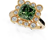 Cluster Halo Engagement Ring Setting for Fancy Green Cushion Cut Center with Milgrain Bezel Accents and Prong Head in Yellow Gold