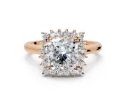 Starburst Halo Engagement Ring Setting for Cushion Cut Center with Thin Round-Wire Band and Prong Head in Rose Gold