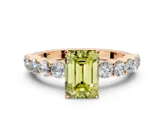 Shared-Prong Engagement Ring Setting for Fancy Yellow Emerald Cut Center with Graduated Accents and Prong Head in Rose Gold