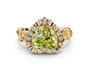 Halo Engagement Ring Setting for Fancy Yellow Heart-Shaped Center with Open Scroll Shoulders and Prong Head in Yellow Gold