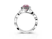 Halo Engagement Ring Setting for Fancy Pink Radiant Cut Center with Pave and Plain Twist Band and Prong Head in Platinum