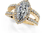 Halo Engagement Ring Setting for Marquise Center with Wide-Open Pave Split Shank and Prong Head in Yellow Gold