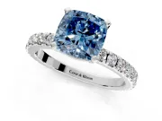 Solitaire Engagement Ring Setting for Fancy Blue Cushion Cut Center with Fine Pave Band and Claw Prong Head in Platinum