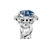 Halo Engagement Ring Setting for Fancy Blue Round Cut Center with Open Scroll Shoulders and Prong Head in Sterling Silver