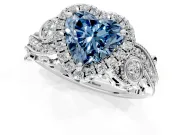 Milgrain Halo Engagement Ring Setting for Fancy Blue Heart-Shaped Center with Shoulder Bezels and Prong Head in White Gold