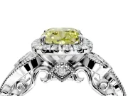 Milgrain Halo Engagement Ring Setting for Fancy Yellow Cushion Cut Center with Shoulder Bezels and Prong Head in White Gold