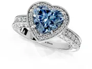 Milgrain Halo Engagement Ring Setting for Fancy Blue Heart-Shaped Center with Wide Pave Band and Prong Head in White Gold