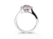 Halo Engagement Ring Setting for Fancy Pink Cushion Cut Center with Milgrain Pave Band and Bezel Head in White Gold