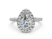 Halo Engagement Ring Setting for Pear-Shaped Center with Narrowing Pave Band and Prong Head in White Gold