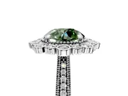 Milgrain Halo Engagement Ring Setting for Fancy Green Round Cut Center with Bezel Point Accents and Prong Head in Sterling Silver