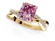 Crossover Engagement Ring Setting for Fancy Pink Radiant Cut Center with Pave and Plain Strands and Prong Head in Yellow Gold