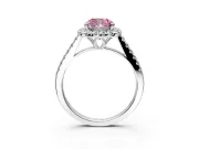 Halo Engagement Ring Setting for Fancy Pink Cushion Cut Center with Raised Halo, Pave Band and Prong Head in Sterling Silver