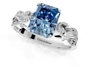Leaf Engagement Ring Setting for Fancy Blue Princess Cut Center with Milgrain Accent Band and Prong Head in White Gold