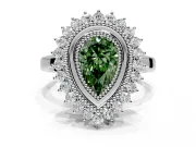 Halo Engagement Ring Setting for Fancy Green Pear-Shaped Center with Milgrain Bezel Rim, Plain Band and Prong Head in Sterling Silver