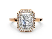 Halo Engagement Ring Setting for Radiant Cut Center with Plain Tapered Band and Prong Head in Rose Gold