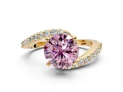 Solitaire Engagement Ring Setting for Fancy Pink Round Cut Center with Pave Bypass Swirl Band and Prong Head in Yellow Gold