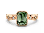 Milgrain Bezel Engagement Ring Setting for Fancy Green Emerald Cut Center with Marquise Stations and Bezel Head in Rose Gold
