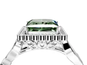 Halo Engagement Ring Setting for Fancy Green Princess Cut Center with Leaf Motif Split Shank and Prong Head in Sterling Silver