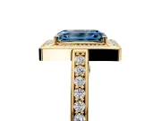 Halo Engagement Ring Setting for Fancy Blue Emerald Cut Center with Framed Halo, Pave Band and Prong Head in Yellow Gold