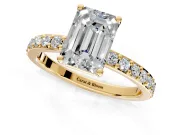Solitaire Engagement Ring Setting for Emerald Cut Center with Round Cut Pave Band and Prong Head in Yellow Gold