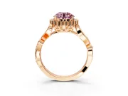Halo Engagement Ring Setting for Fancy Pink Round Cut Center with Leaf Motif Split Shank and Prong Head in Rose Gold
