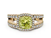 Halo Engagement Ring Setting for Fancy Yellow Cushion Cut Center with Wide-Open Pave Split Shank and Prong Head in Yellow Gold