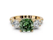 3 Stone Engagement Ring Setting for Fancy Green Cushion Cut Center with Crossover Basket, Pave Band and Prong Head in Yellow Gold