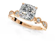 Solitaire Engagement Ring Setting for Cushion Cut Center with Milgrain Bezel Accents and Prong Head in Rose Gold