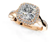 Halo Engagement Ring Setting for Cushion Cut Center with Twist Band and Prong Head in Rose Gold
