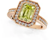 Halo Engagement Ring Setting for Fancy Yellow Emerald Cut Center with Milgrain Halo, Pave Band and Prong Head in Rose Gold