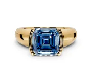 Tension Engagement Ring Setting for Fancy Blue Asscher Cut Center with Wide Flat Band and Tension Head in Yellow Gold