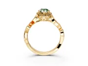 Halo Engagement Ring Setting for Fancy Green Pear-Shaped Center with Leaf Motif Split Shank and Prong Head in Yellow Gold