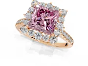 Halo Engagement Ring Setting for Fancy Pink Princess Cut Center with Single-Row Pave, Open Basket and Prong Head in Rose Gold