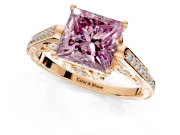 Cathedral Engagement Ring Setting for Fancy Pink Princess Cut Center with Antique-Style Pave Band and Prong Head in Rose Gold