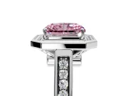 Halo Engagement Ring Setting for Fancy Pink Emerald Cut Center with Outer Bezel Rim, Pave Band and Prong Head in Platinum