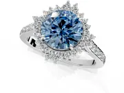 Sunburst Halo Engagement Ring Setting for Fancy Blue Round Cut Center with Pave Band and Prong Head in Sterling Silver